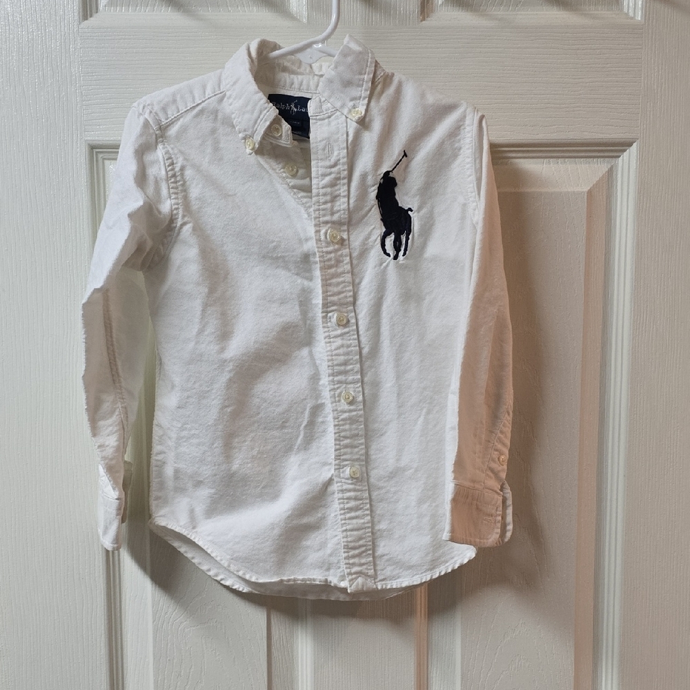 Ralph Lauren White Button Down Kids Shirt with Black Logo